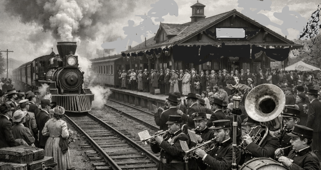 FOTO no TOPO = Inauguração da estação ferroviária de Recreio (MG), 1876. A chegada do primeiro trem a vapor marcou o início de uma nova fase econômica e social para a região. (imagem gerada por IA Microssoft Copilot).     
